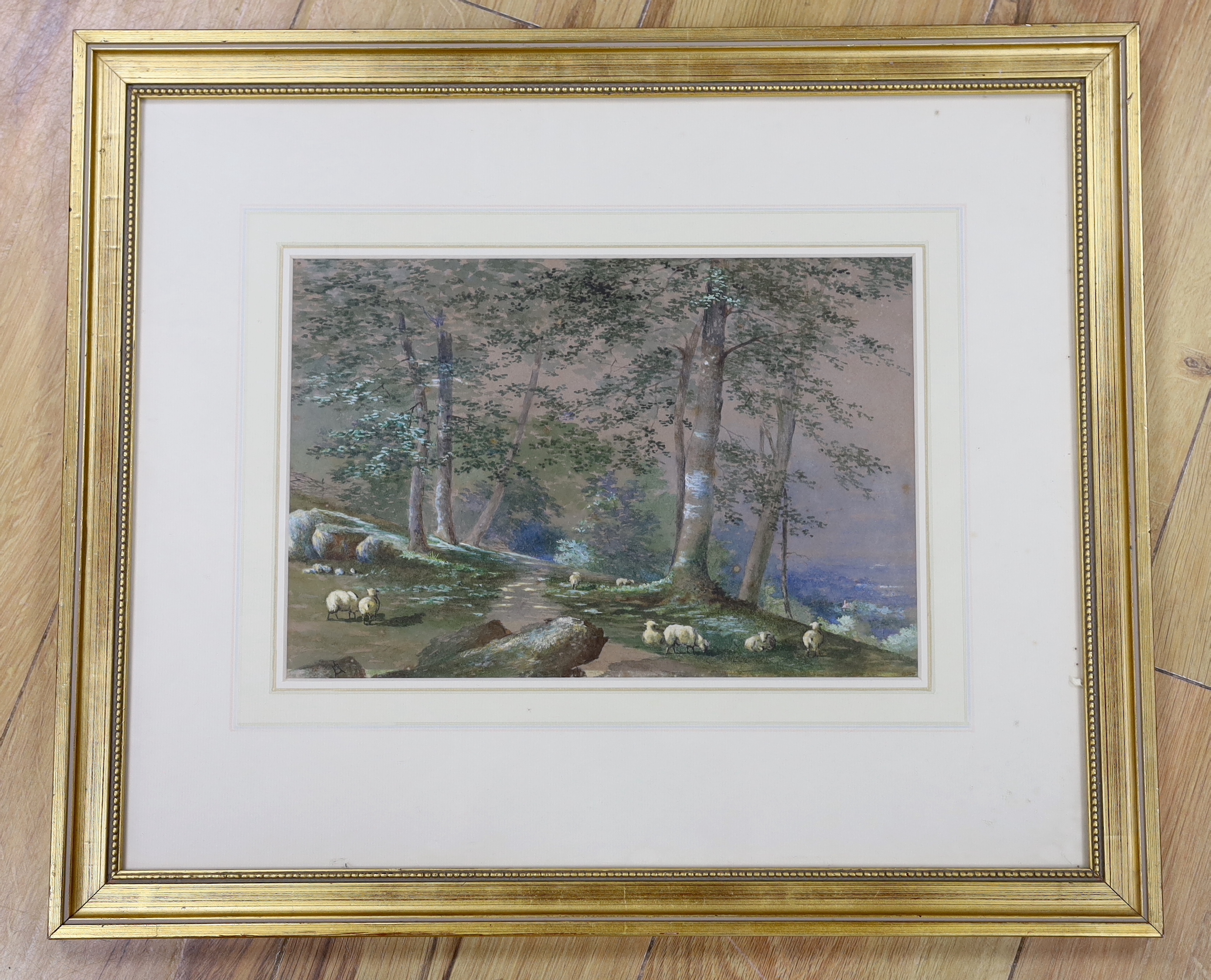 19th century, heightened watercolour, Grazing sheep on a hillside, indistinctly monogrammed, possibly AB, 29cm x 19cm